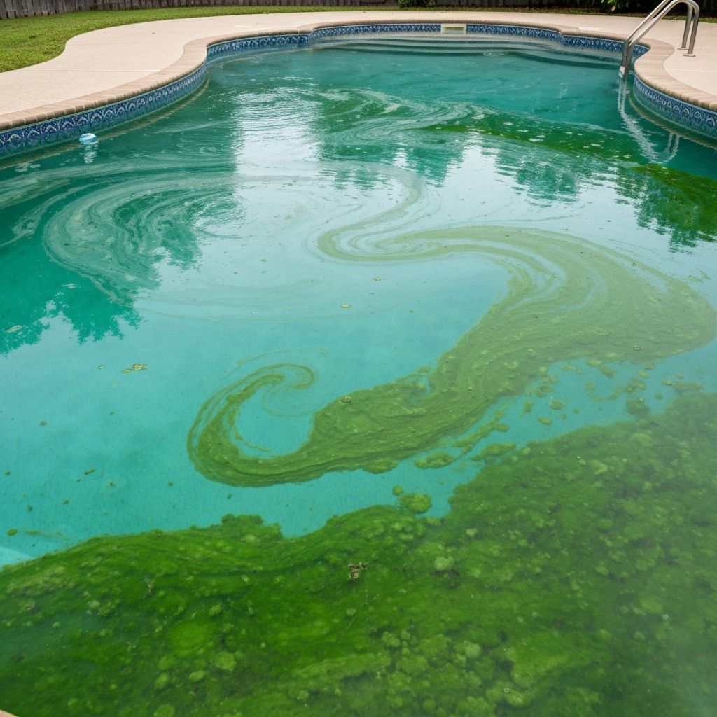 Louisiana backyard pool affected by harmful algal bloom with green cloudy water
