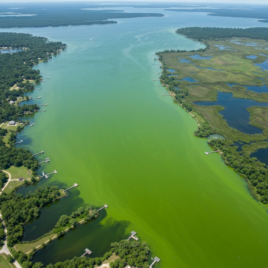 Lake Pontchartrain waters affected by harmful algal bloom showing green discoloration